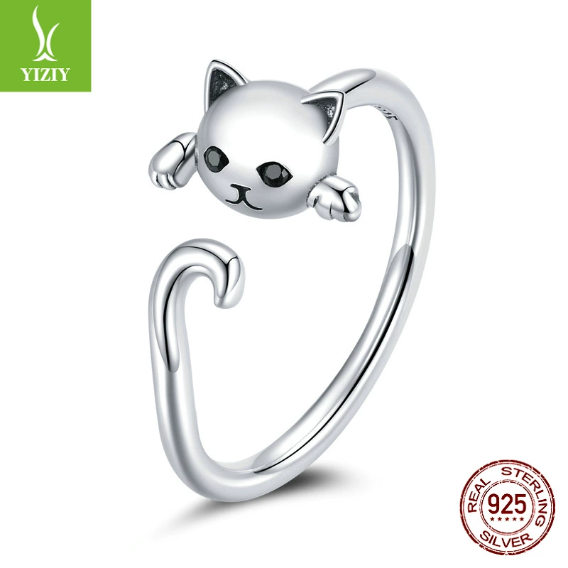 Серьги и кольцо (YIZIY) 925 стерлингов серебро с котом мотивом, окисленная/циркония/эмаль, варианты маленькие и большие