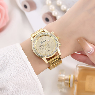 Korean Style Women's Business Steel Band Diamond Watch Fake Three-Eye Quartz Watch Women's Fashion Casual Quartz Watch
