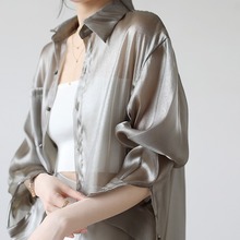 欧根纱衬衫女夏季薄款开衫灰色冰丝防晒罩衫衬衣外套小个子外搭