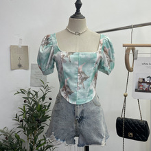 实拍 法式复古油画印花T恤女夏收腰显瘦短款大U领泡泡袖上衣 8823