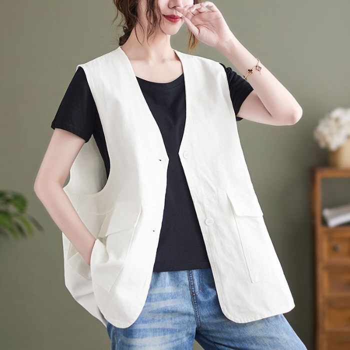 Ropa de primavera nueva literatura y arte universal relajado comercio exterior retro sin mangas cuello en V medio largo chaleco clip chaqueta mujer image 8