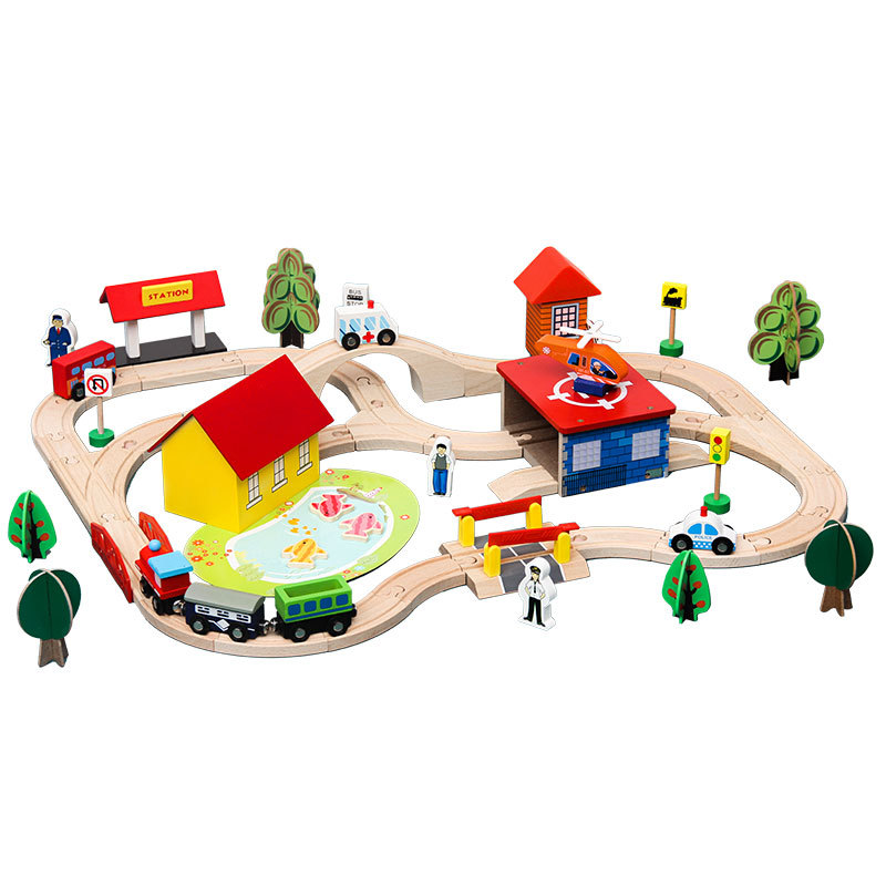 Transfronterizos 70 piezas vagón tren pequeño conjunto de madera para niños puzzle bloques ensamblados juguetes para niños niñas