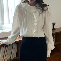 实拍2025秋装新品韩版法式甜美荷叶边拼接长袖单排扣衬衫宽松上衣