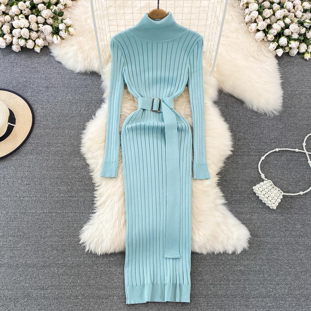 Women's Clothing autumn and winter sweater bottoming long skirt style goddess style high waist elastic tight knitted hip covering dress_voghion.com