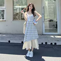 Кружевное сшитое платье в клетку платье подтяжка женское 2025 лето новое свежее свободное тонкое платье из двух частей