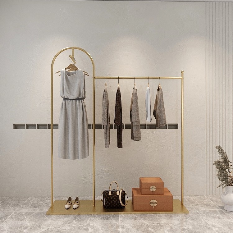 金色服裝店展示架鐵藝女裝店貨架陳列衣架落地掛衣架落地式側掛