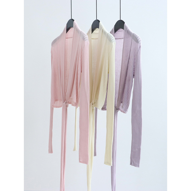 Returnable Tencel Lyocell Tie-Up Knit Cardigan, Lazy Long-Sleeve Sun-Protective Outerwear, Long-Sleeve Ribbed Thin Style for Women