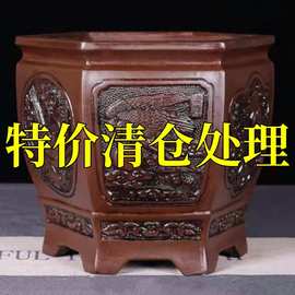 中国风紫砂花盆六角陶瓷君子兰仿古紫砂室内大口径兰花盆包邮