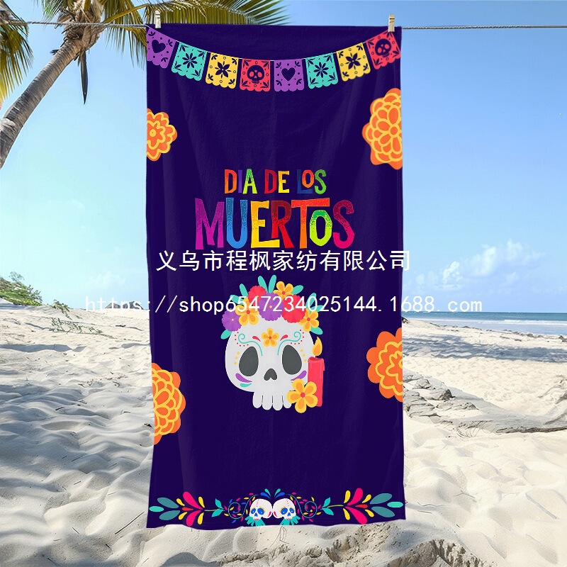 Temu Cross-Border Day of the Dead Flannel Quick-Drying Absorbent Bath Towel Mexican Day of the Dead Beach Towel