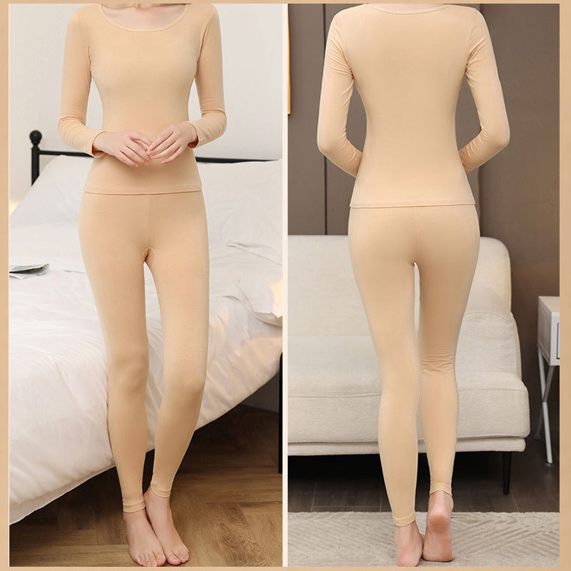 여성용 순수한면 가을 옷과 바지 세트 얇은 둥근 목 열 속옷 여성용 베이직 바지 슬림 핏 썬더 의류 및 썬팬츠