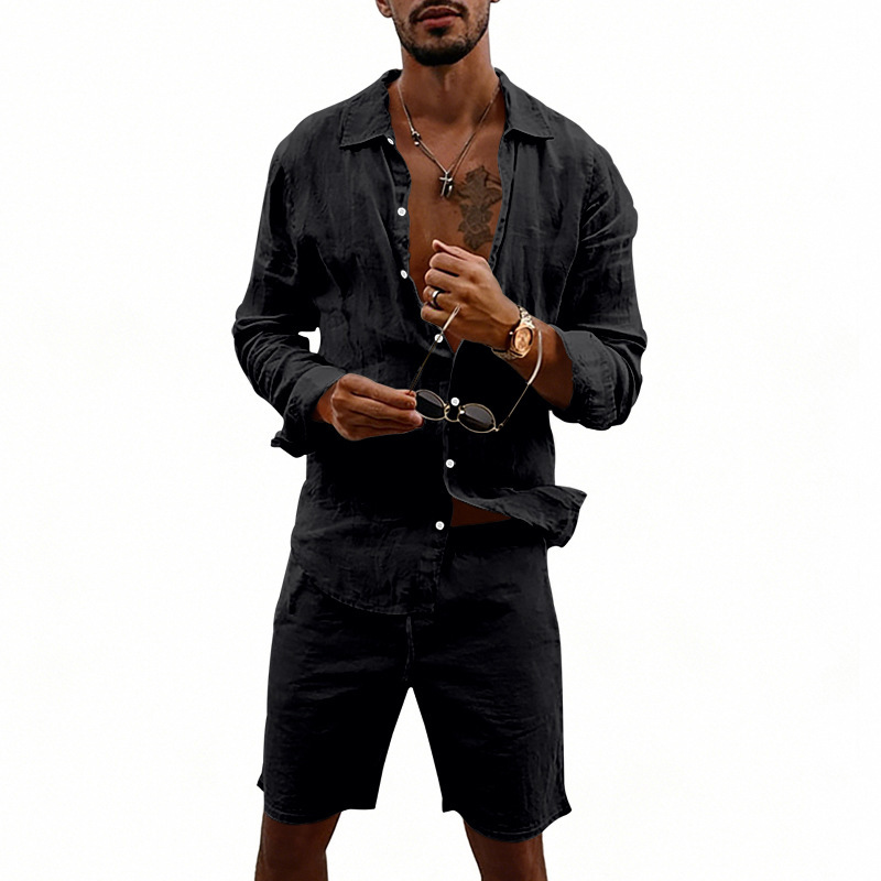 Herren-Sommerurlaubs-Freizeithemd im amerikanischen Stil, Leinen, locker, langärmelig, mit Knopfleiste, Cardigan, Badeshorts-Anzug_voghion.com