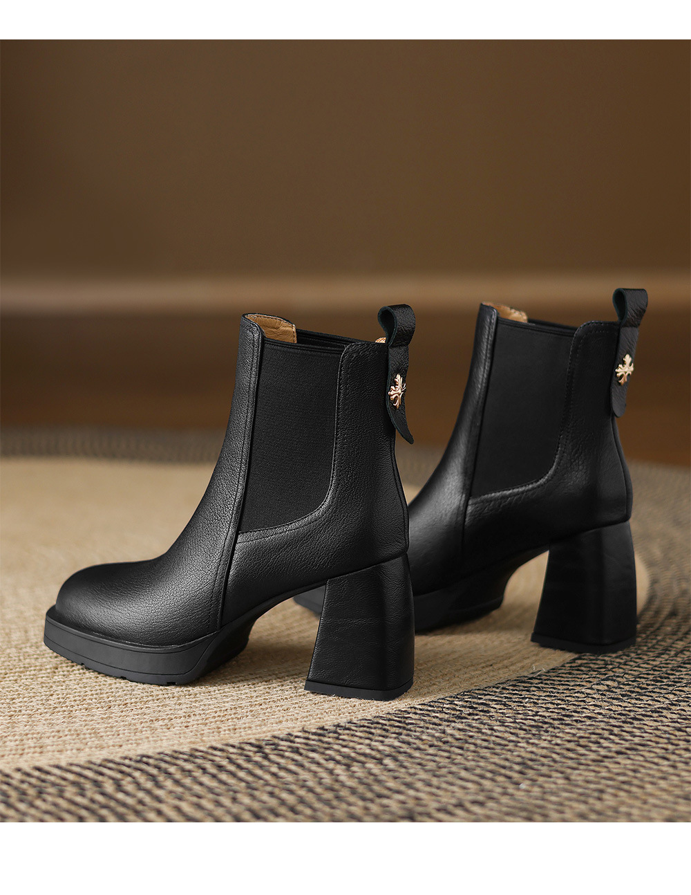 Boot Chelsea cổ ngắn mũi vuông da dê mềm, gót dày platform, phong cách cổ điển, dáng slip-on thu đông — nhung đen, Nhung nâu, Lớp lót đơn màu đen, Lớp lót đơn màu nâu chi tiết 18
