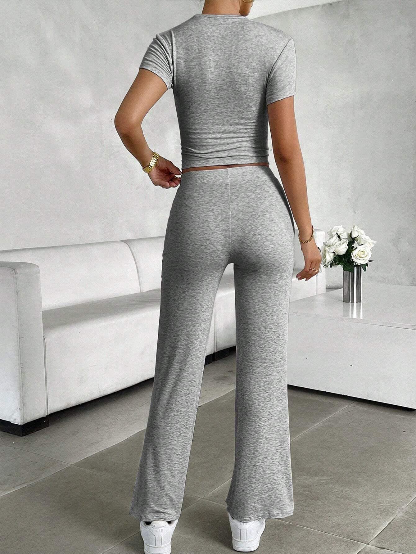 2025 European And American Cross-Border New Casual Set Short Sleeve Top Long Pants Homewear Sportswear Yoga Wear_ecoleips.com