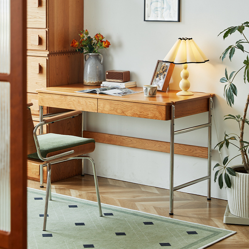 Solid Wood Desk Computer Table Cherry Wood Mid-Century Style Desktop Home Office Writing Workbench Homework Study Table