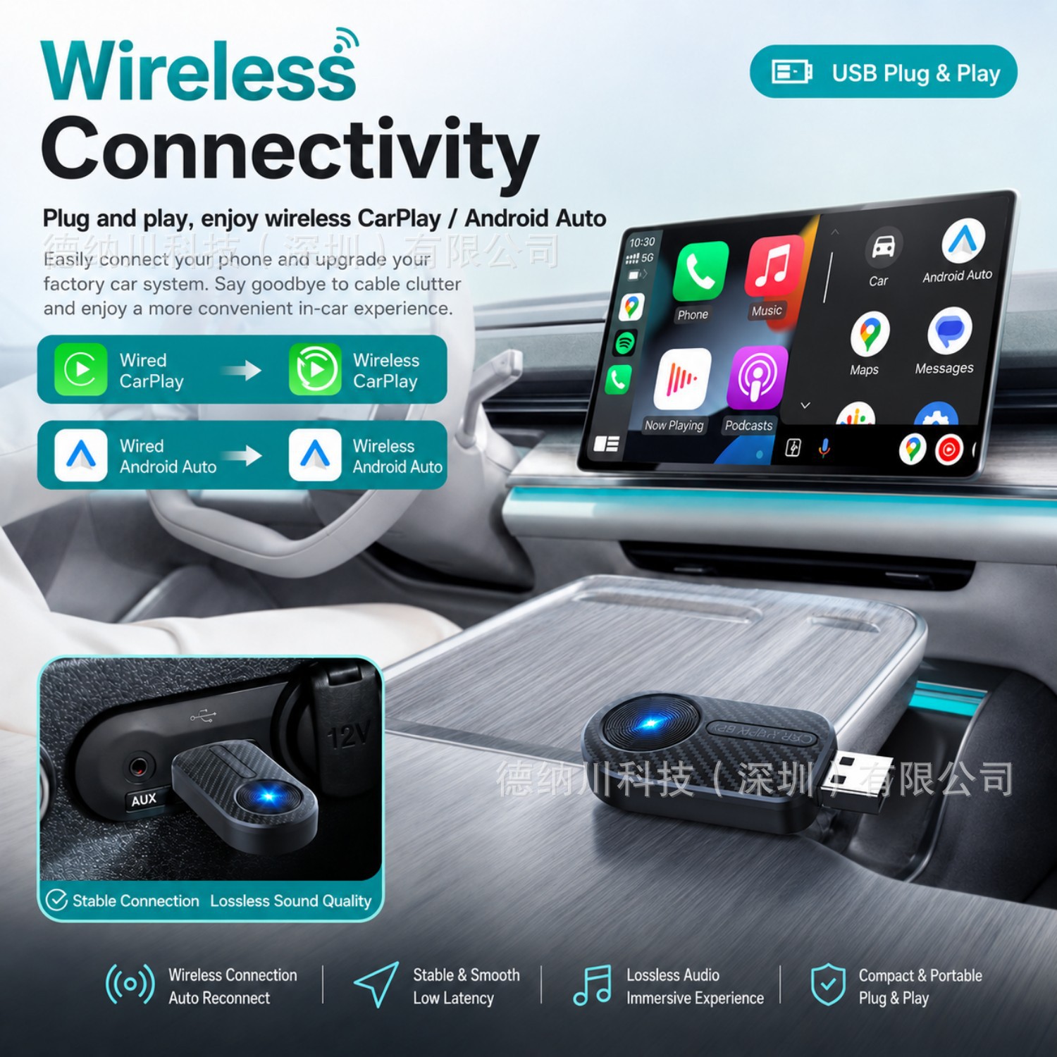 2-in-1 Wired to Wireless Carplay Apple Carplay Box Module Android Auto Car Connectivity Box