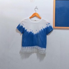 云南大理手工扎染民族风蕾丝T恤夏季休闲度假蓝染上衣白屿蓝衣服