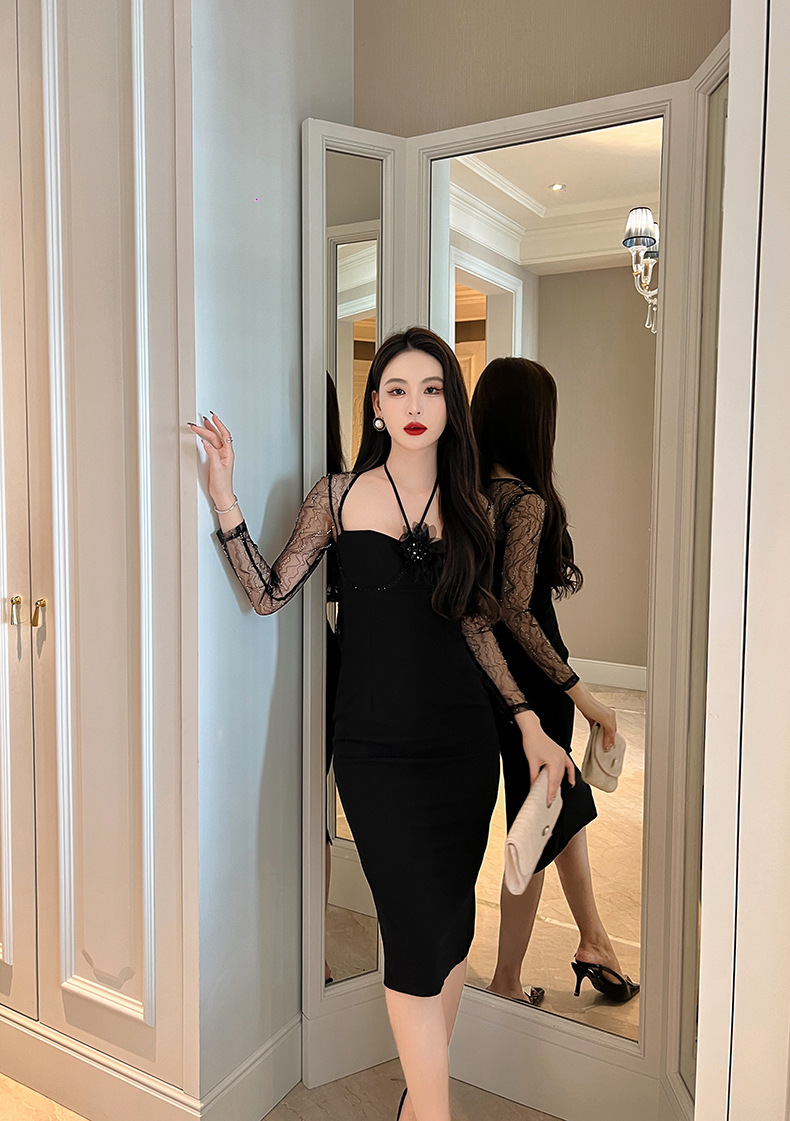 Đầm dài dáng ôm cổ halter phối lưới phong cách quý tộc — Màu đen chi tiết 4