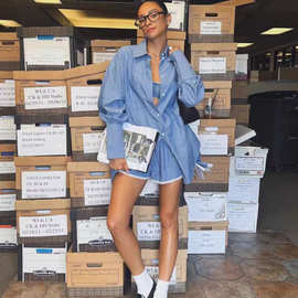 Helsa条纹套装elsa hosk同款法式小众休闲慵懒衬衫吊带短裤套装女