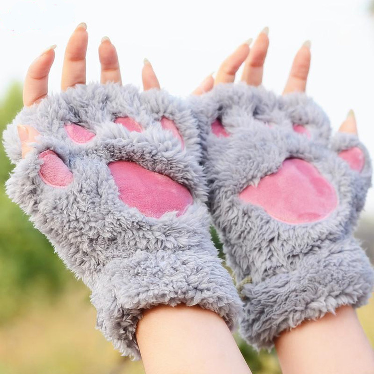 秋冬の女性用のかわいい猫の爪手袋、暖かく防寒性のある豪華なハーフフィンガーグローブ、厚くてベルベット、学生が指を失うのを防ぐために書くことができます。|undefined
