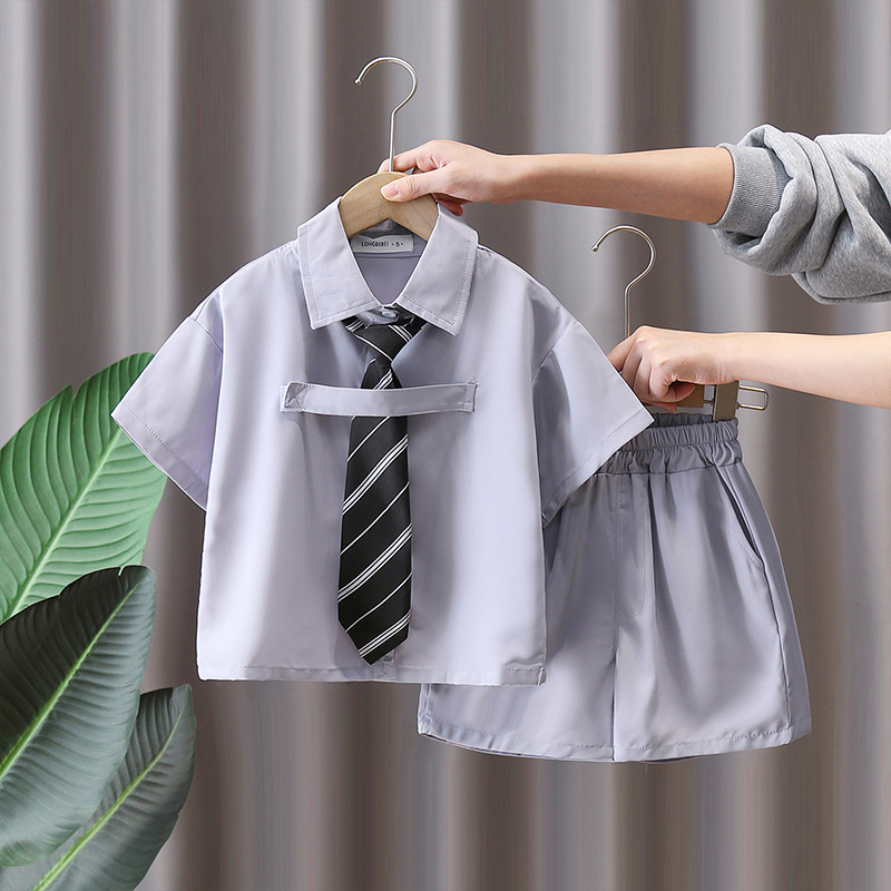 7157 Traje de verano para niños 2025 nueva camisa de estilo universitario para niños corbata ropa de verano para bebés