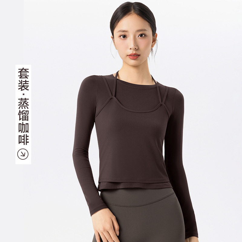 跨境裸感瑜伽服套装高级感女双肩带挂脖吊带背心叠穿运动健身上衣|undefined