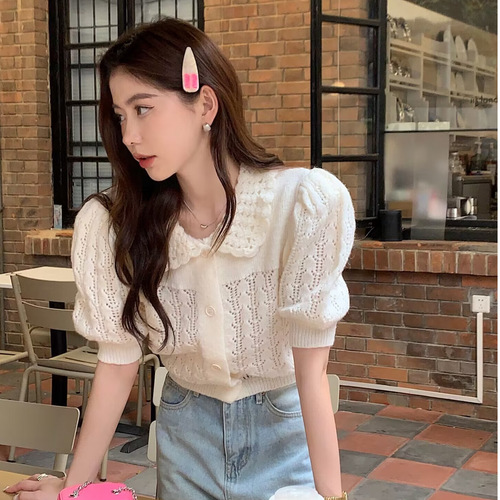 Spring and Summer Women's Short Sleeve Knit Top with Baby Collar, Small Figure Outfit, Bubble Sleeve White T-Shirt for Women
