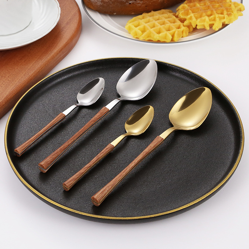 Creativo 430 imitación de acero inoxidable mango de madera cuchillo tenedor cuchara occidental carne cena cuchillo comida principal cuchara comida Internet celebridad vajilla postre cuchara