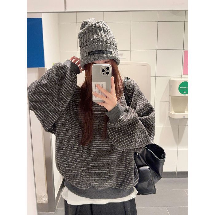 【工厂现货】设计感圆领条纹长袖套头卫衣女百搭宽松显瘦休闲上衣|undefined