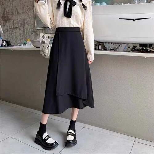 Black Casual Plus Size A-line Semi-skirt Women's Spring Skirt Umbrella High-waist Women's Irregular Autumn Fat mm