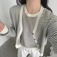简约条纹圆领针织背心V领长袖开衫两件套复古休闲韩系针织毛衣