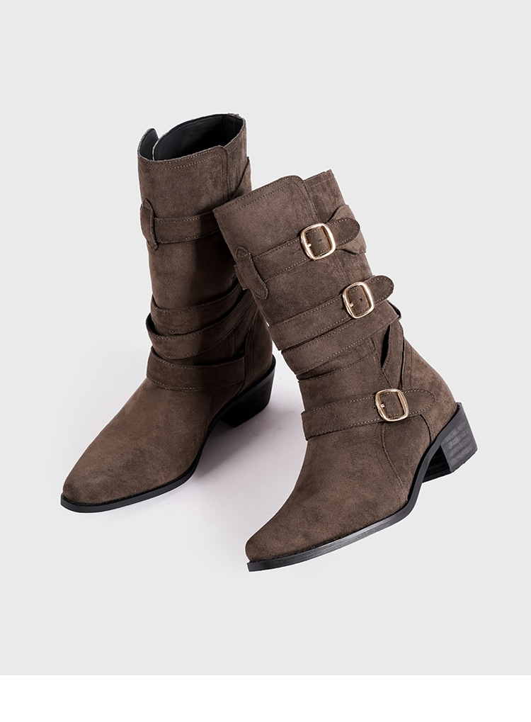 Spetsiga Knight-stövlar för kvinnor Hösten 2024 nya brittiska stövlar med spänne i västerländsk stil, mellanhöga Martens-stövlar för kvinnor_voghion.com