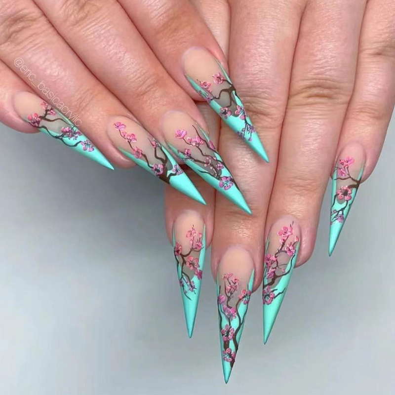 Tiffany Blue Chinese Style Plum Blossom Long Pointed Armor French nail Patch False nail European and American Wear nail