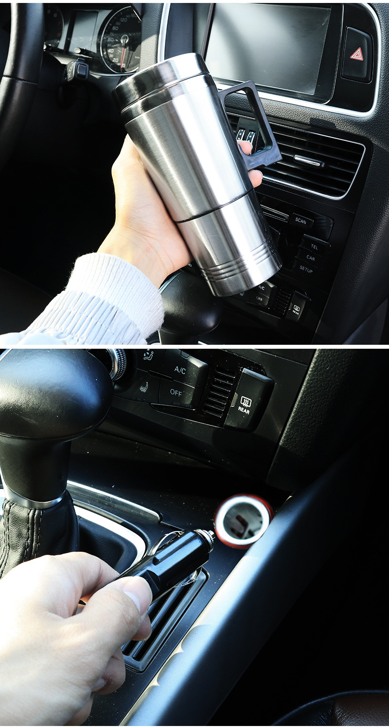 Car Electric Heating Cup Stainless Steel Liner Heated Water Cup Car Water Heater Thermos Cup 12V/24V Heated Water Kettle