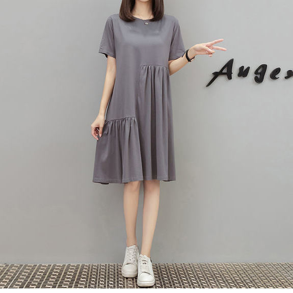 Plus Size Women's Summer Fashionable Dress Loose Korean Style Short-Sleeved Irregular Splicing Belly-Covering Slimming Skirt Plus Size Women's Summer Fashionable Dress Loose Korean Style Short-Sleeved Irregular Splicing Belly-Covering Slimming Skirt