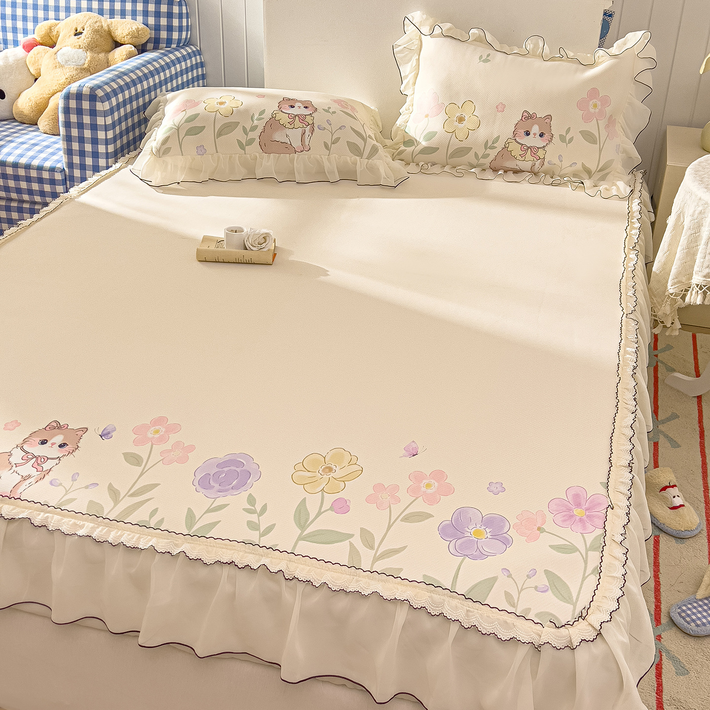 A clase de verano frío frijoles cama de frijoles falda de cama de cuatro piezas set lavable princesa aire acondicionado suave alfombra de seda de hielo