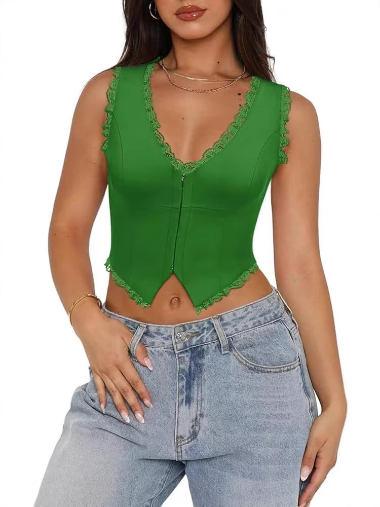 2025 Women's French Retro Lace Trim Slim Fit Buttoned Backless Vest Top Versatile and Stylish