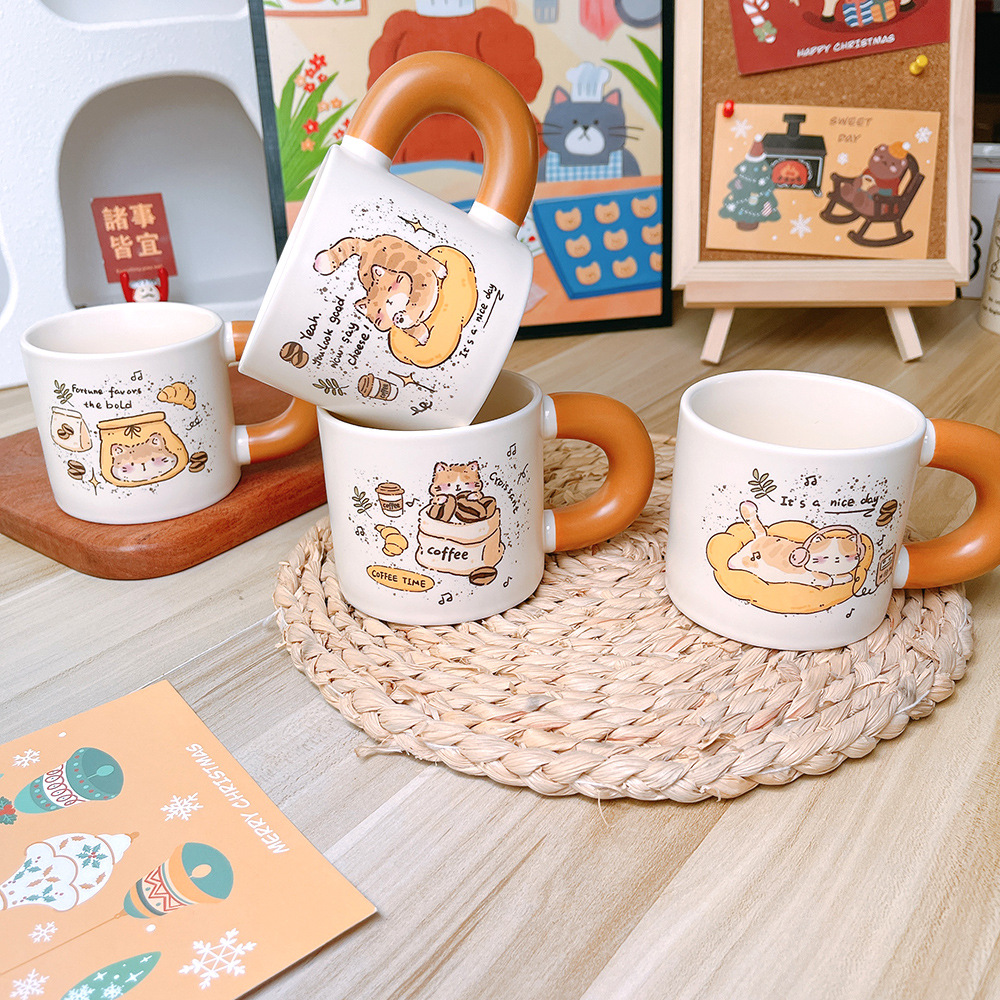 Cute cartoon sesame cat Hachiko underglaze ceramic mug, breakfast cup, coffee cup, gift