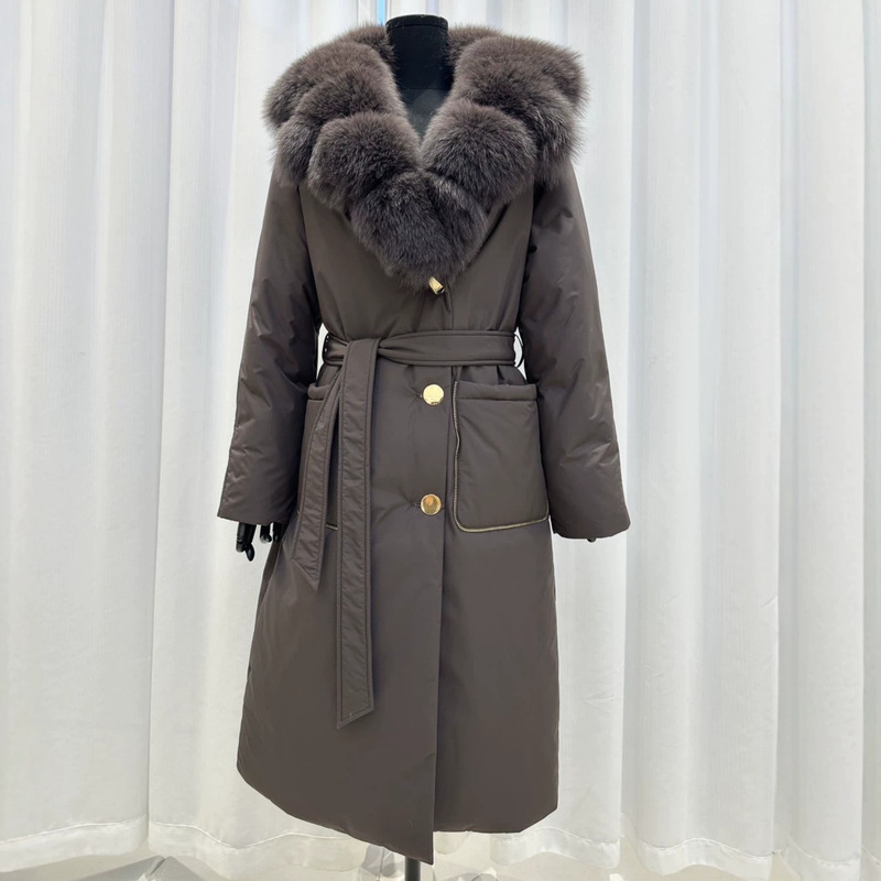 New Autumn and Winter Style Oversized Real Fox Fur Collar down Jacket for Women, Long Style with Waist Tie, Slimming, Thickened, Warm Coat