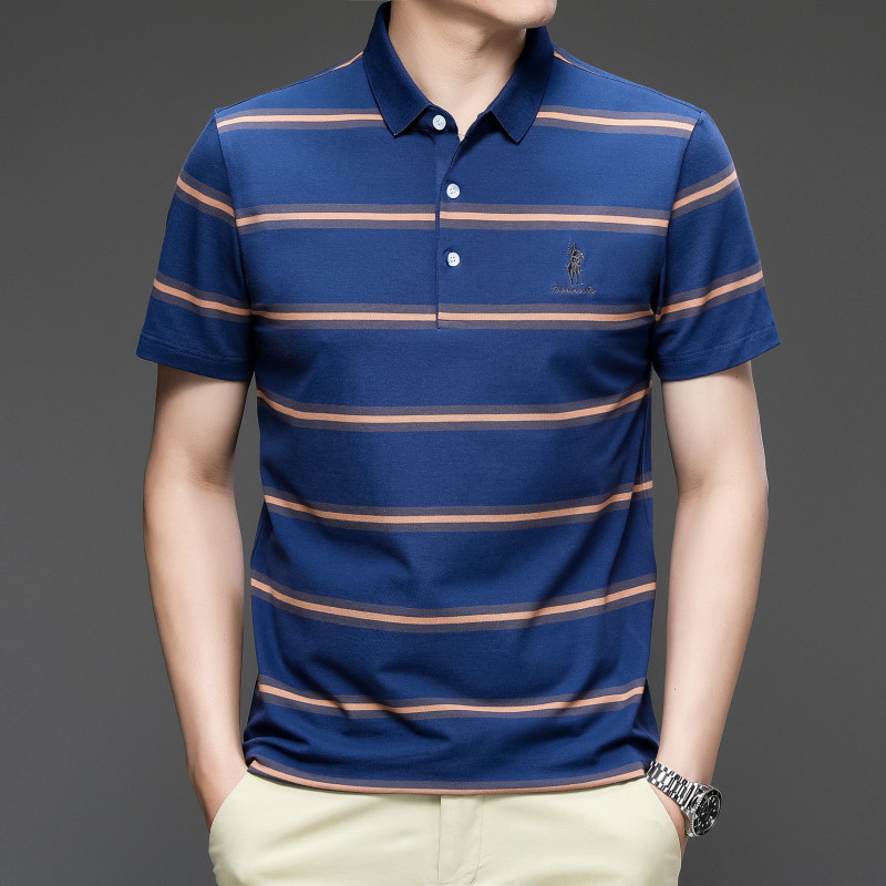 Exclusivo transfronterizo para verano nuevo estilo de algodón bordado de manga corta camiseta de hombre a rayas casual solapa de gran tamaño camisa POLO para hombre