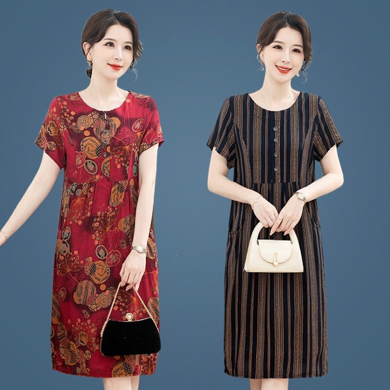 Scissors Stone Summer New Style Middle-Aged and Elderly Women's Summer Cotton Silk Dress for Moms, Over-The-Knee Short Sleeve Plus Size Scissors Stone Summer New Style Middle-Aged and Elderly Women's Summer Cotton Silk Dress for Moms, Over-The-Knee Short Sleeve Plus Size