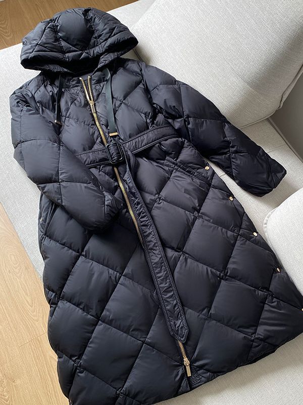 Women's Clothing Down jacket mid length hooded diamond belt high 90 white duck down loose Down Coat_voghion.com