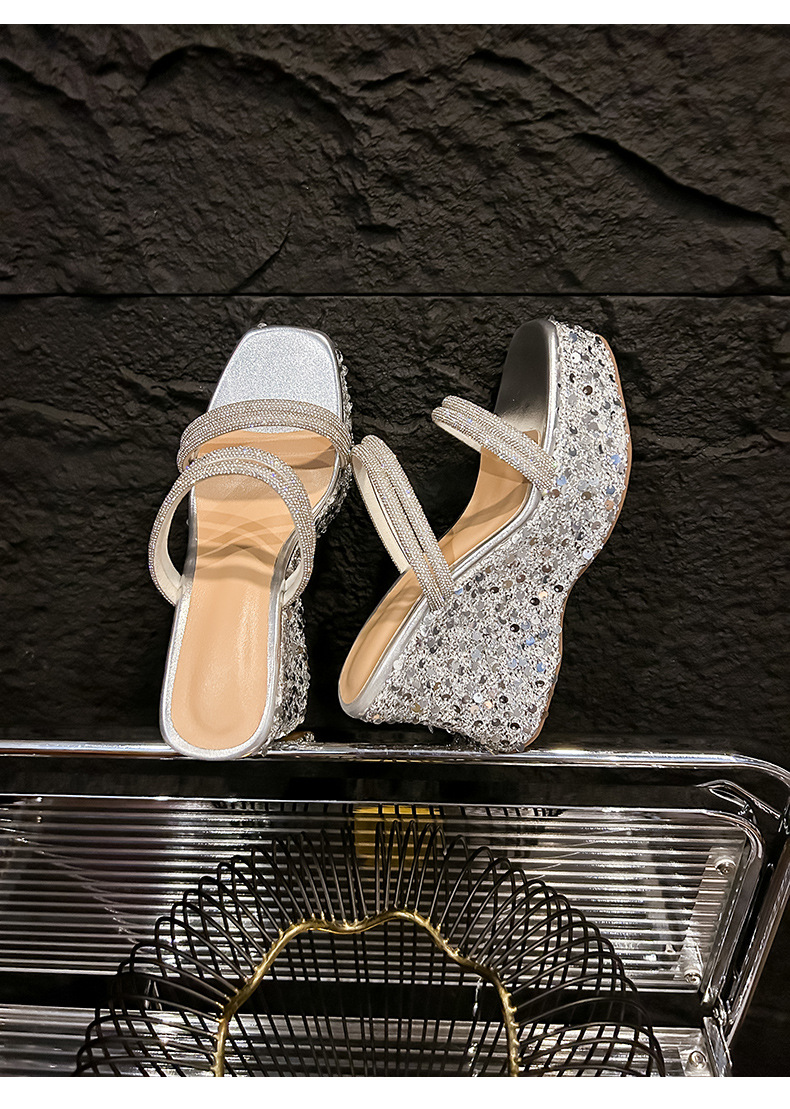 Sandal cao gót nữ mũi vuông hở ngón đính đá lấp lánh phong cách Pháp — màu đen, bạc chi tiết 18