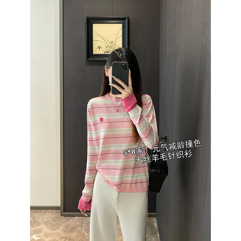 Tencel Wool Smiley Face Pink Stripesd Knitted T-Shirt Autum Thin Sun Protection Top Long-Sleeved Inner Layering Shirt for Women