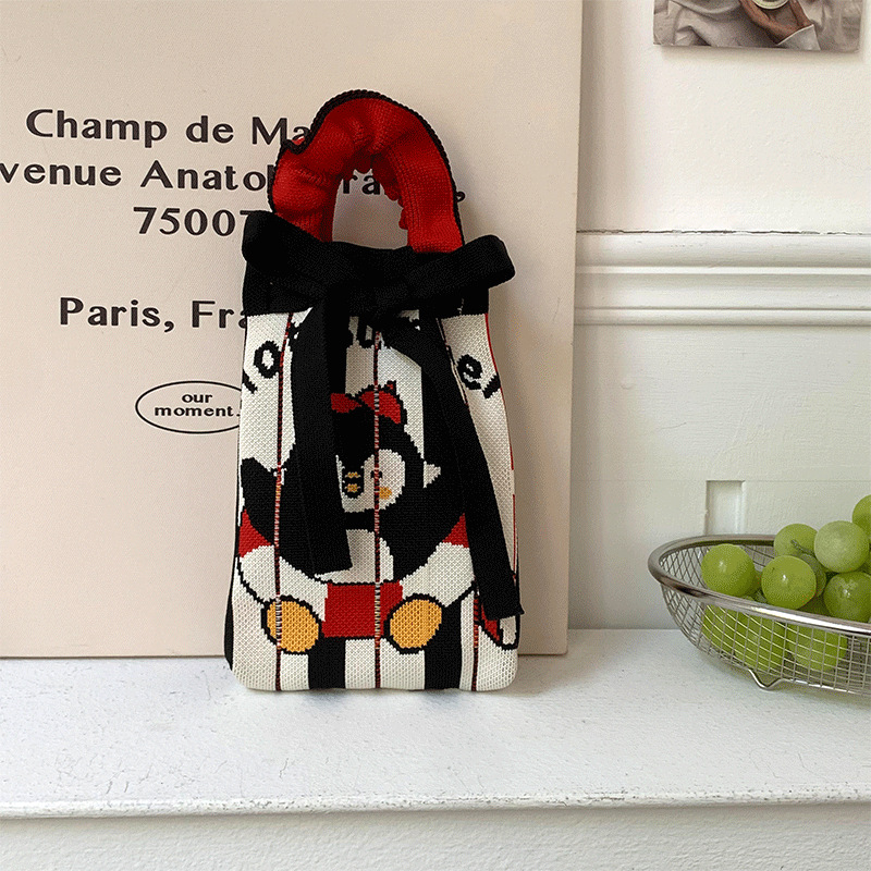 Bolsa de punto, oreja de madera, diseño de nicho, bolso con cordón de dibujos animados, bolso de mensajero portátil de todo fósforo, bolso de teléfono móvil