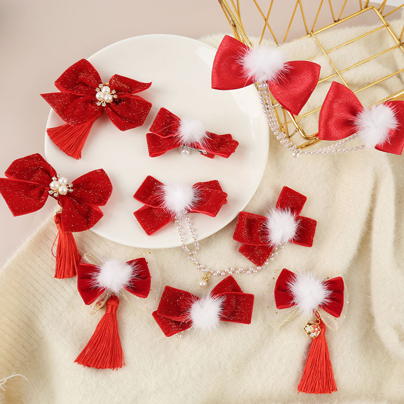 Children's fairy hanfu qipao cheongsam dress headdress red festive hair clip little girl hair ball tassel pair of clips baby New Year's Eve hairpin