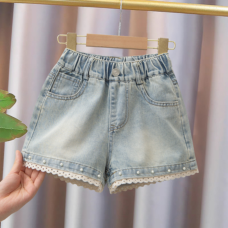 Girls Denim Shorts Summer Outer Pants Girls Summer Clothes 2025 New Style Kidsren's Lace Shorts