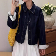 港风格子拼接娃娃领牛仔外套女短款2025春秋季小个子休闲立领上衣