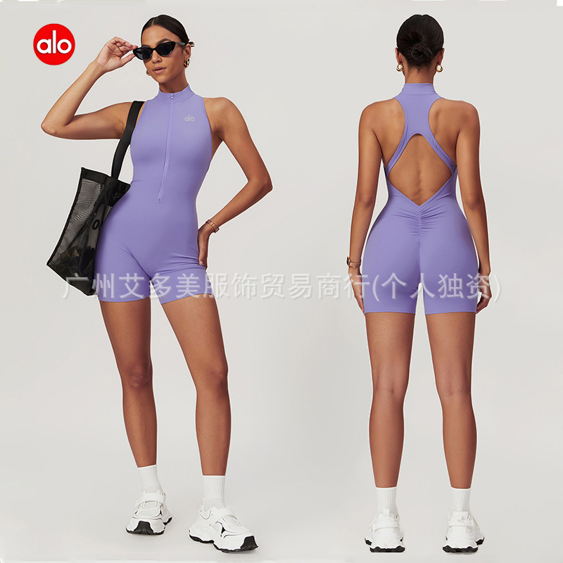 aloYoga运动美背瑜伽连体服拉链裸感紧身连体含胸垫健身服女|undefined