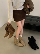 欧美新款早秋枫叶棕尖头金属扣带短靴女气质两穿复古绒面时装靴