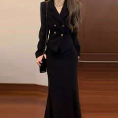 小香风赫本黑色感西装外套鱼尾裙两件套装韩剧气质穿搭一整套